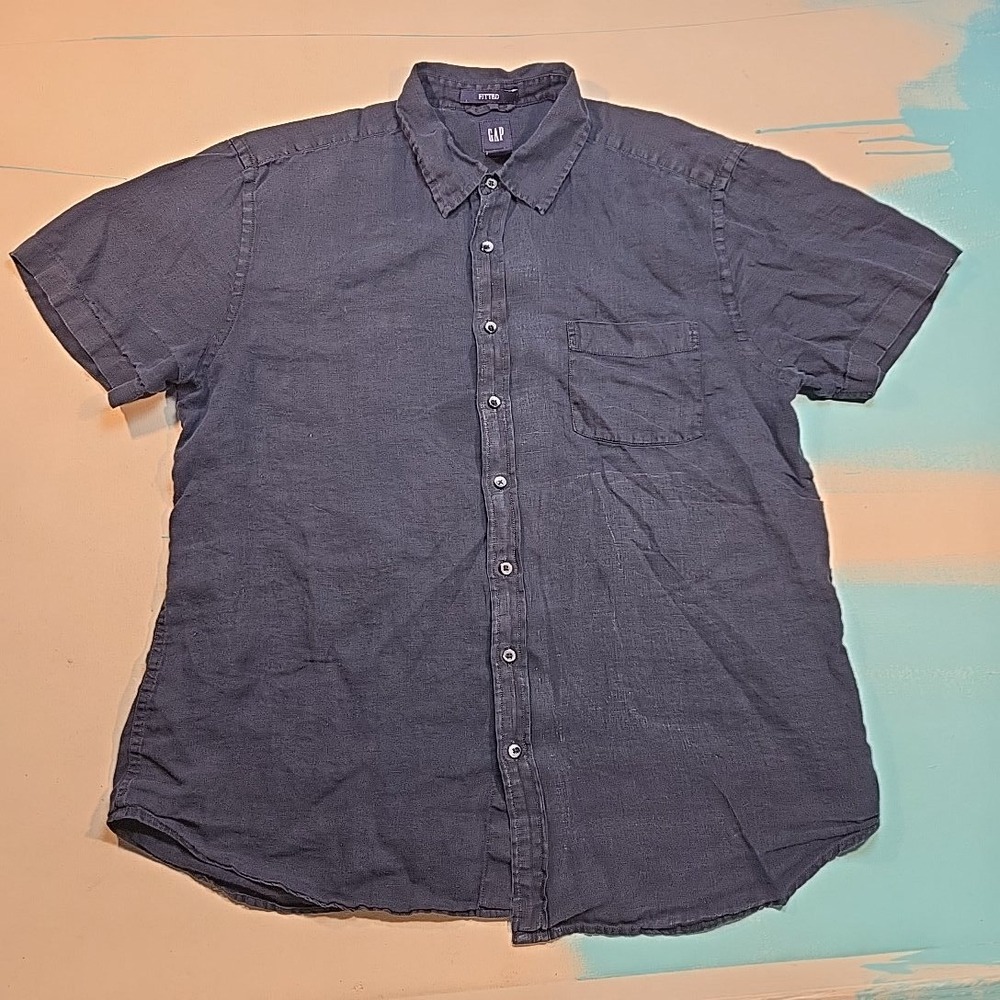 GAP‎ Fitted XL Button Shirt Navy Blue Linen Short Sleeve Collared Pocket Summer